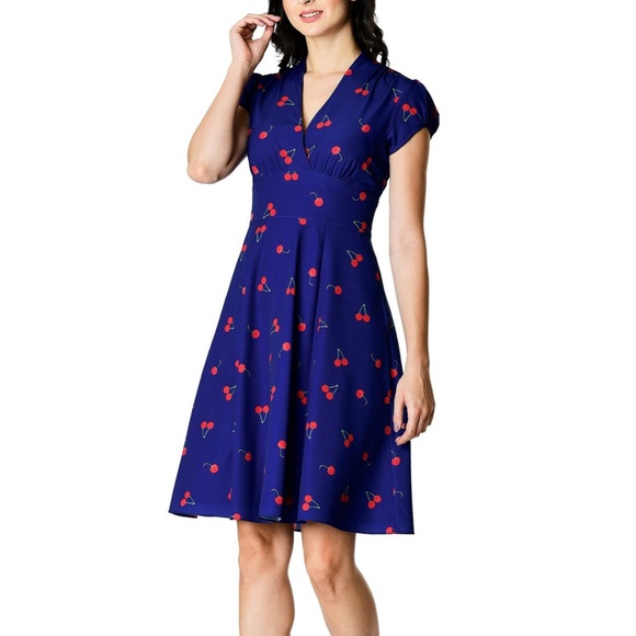 eshakti Dresses & Skirts - eShakti | Cobalt Blue Red Cherry Print Dress